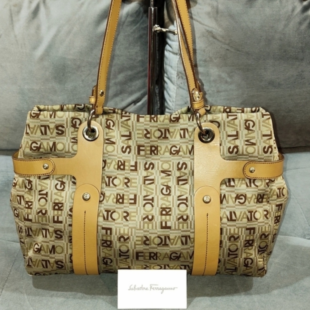 SALVATORE FERRAGAMO SIGARO MONOGRAM CANVAS WITH TAN LEATHER TOTE / SHOULDER BAG
